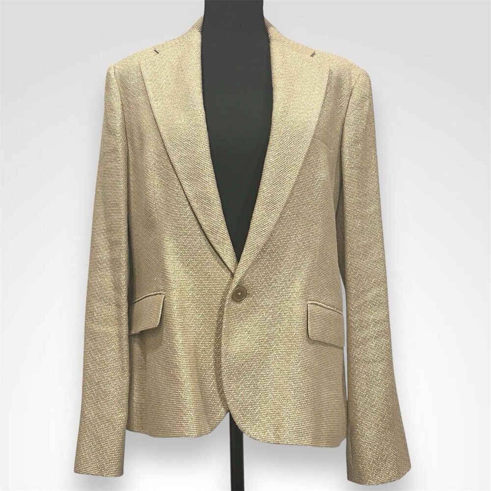 Ralph Lauren Black Label Gold Houndstooth Blazer Linen Silk Blend Womens Size 14